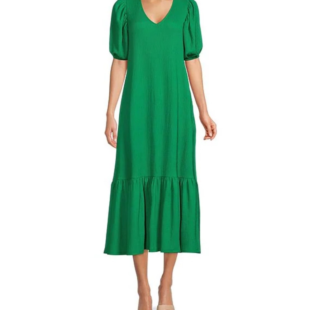 Gibson Latimer Green Ruffled Puff Sleeve Midi Dress